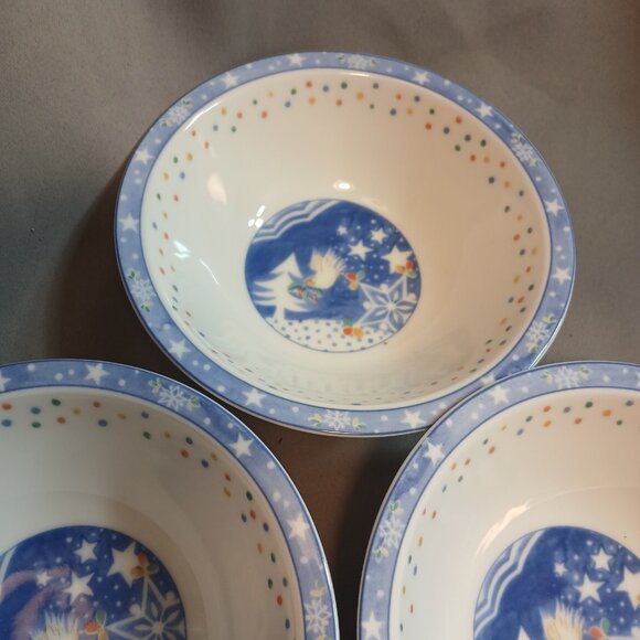 Noritake EPOCH Mr Snowman 3 Soup Cereal Bowls Vintage Stoneware Christmas Blue - Picture 5 of 8